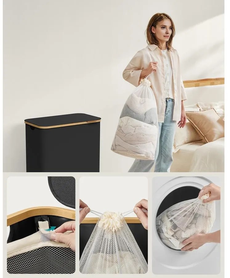 SONGMICS szennyeskosár fedéllel 130L, 2 rekeszes nagyméretű szennyes tartó, fekete