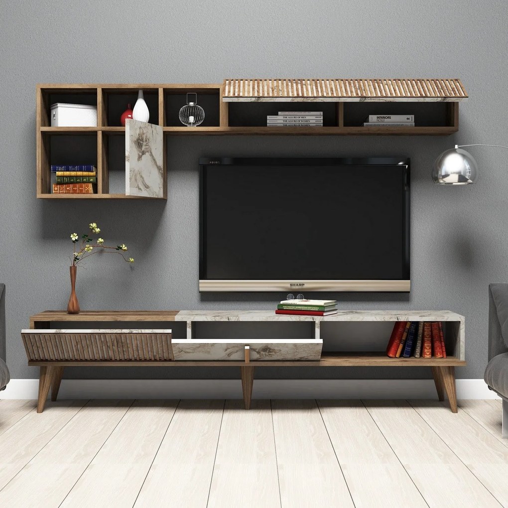 TV szekrény Milan - Walnut, White Marble