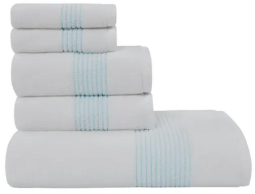 AQUA törölközők és fürdőlepedők ajándékszettje, 5 db Szett (2 db 33 x 33 cm-es, 2 db 45x90 cm-es törölköző, 75 x 150 cm-es fürdőlepedő) Fehér - Türkiz színű hímzés / Turquoise