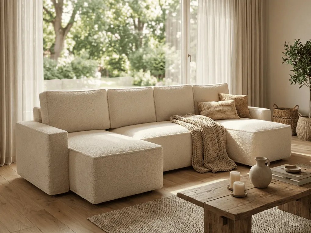 AKCIÓ Kinyitható U alakú kanapé SMART BOUCLE 303x143 cm, krémszínű II. osztály