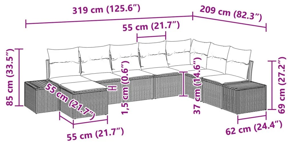 8 darabos kerti kanapészett párnákkal Barna poly rattan