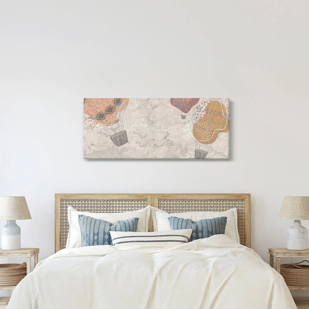 Kép - léggömbök a város felett , meleg tónusok (120x50 cm)