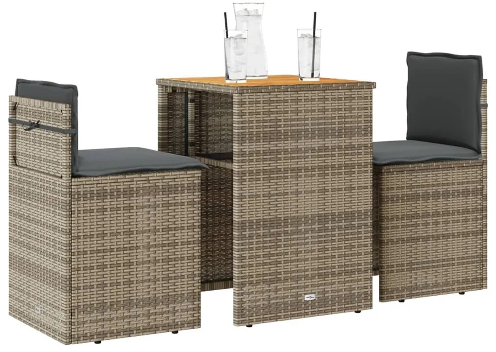 vidaXL 3 részes szürke polyrattan bisztrógarnitúra párnákkal