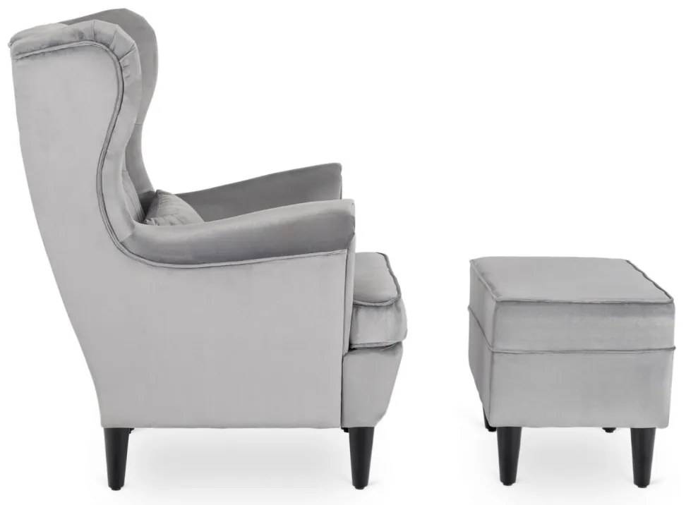 Elegáns Füles Fotel Lábtartóval Szürke Bársony Kárpittal. EVAN 2