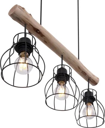 Globo 15326-3N Függeszték fém fekete drótháló búrával, natúr fa betéttel. LxBxH:600x136x2090, exkl. 3xE27 40W 230V