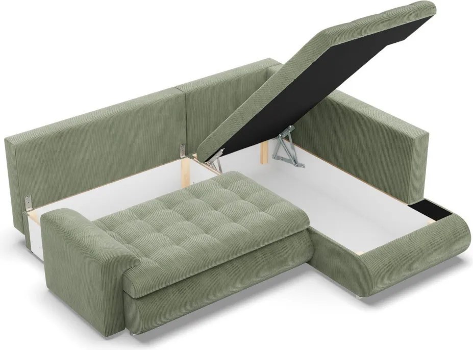 Tokio sarokkanapé, L alakú háttámlával, 2 ágyneműtartóval, kordbársony, jobboldali, zöld