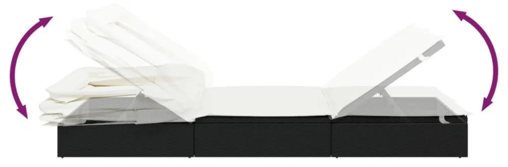 fekete polyrattan napozóágy összecsukható tetővel 213x63x97 cm