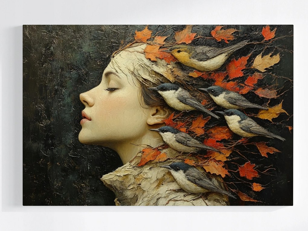 Vászonkép Canvas Portré Profil Nő Levelek Madarak Ősz 120x80