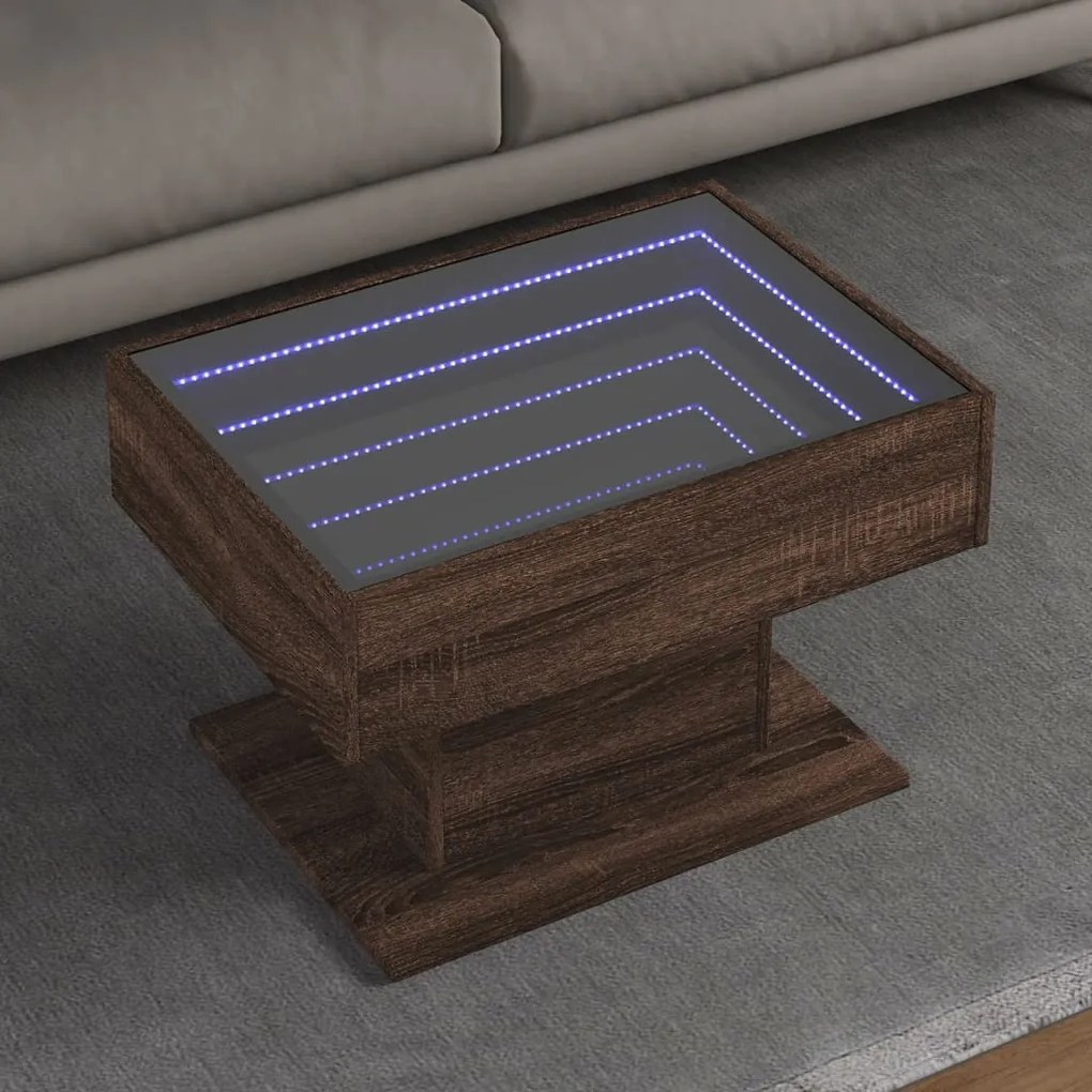 Barna tölgy szerelt fa dohányzóasztal LED-del 70 x 50 x 45 cm