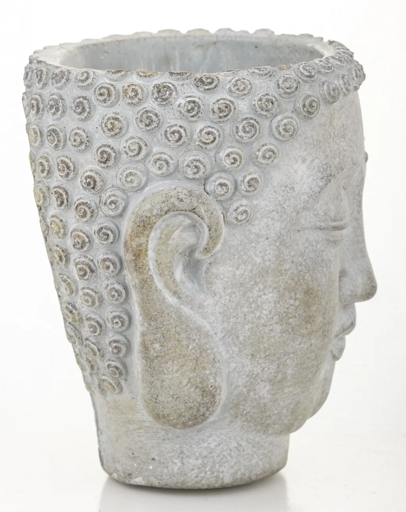 Cyrus design kerek buddha arcot ábrázoló szürke cement virágtartó váza 17x14x13cm