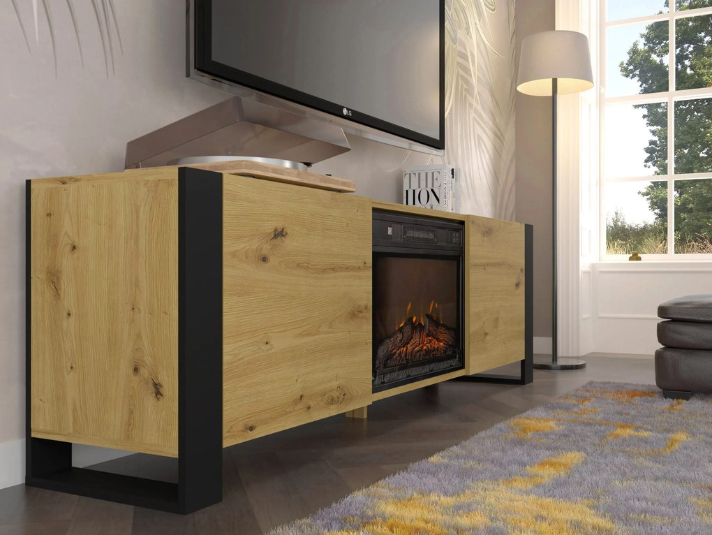 TV szekrény/asztal kandallóval Montana (artisan tölgy + fekete). Akció -21%. 1124958