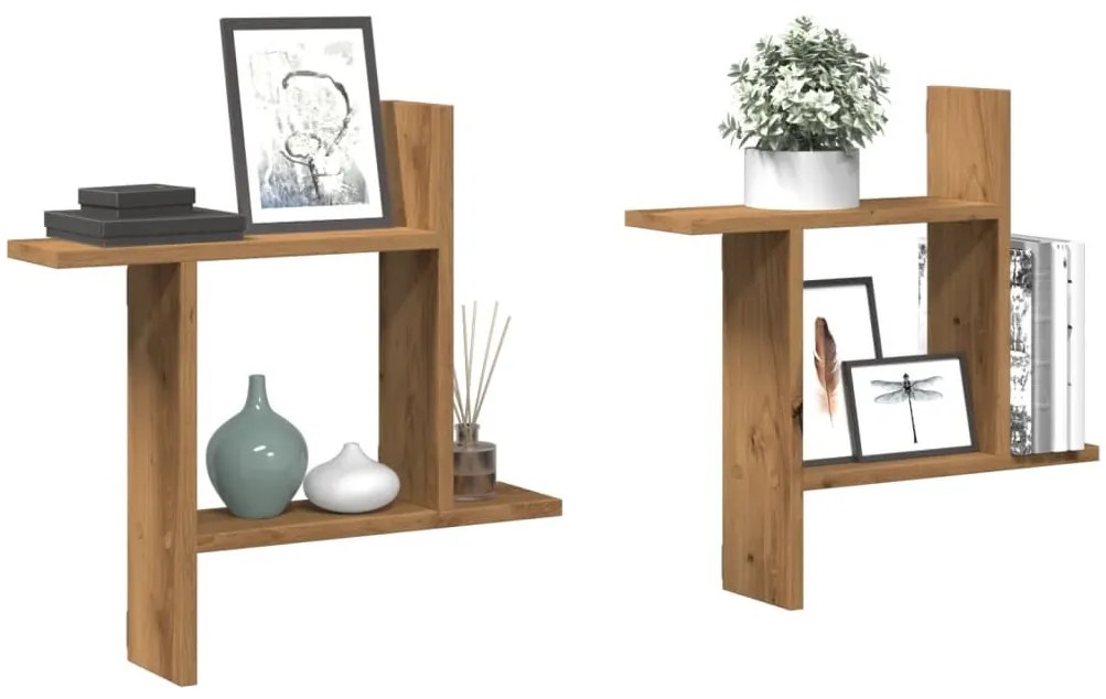2 db kézműves tölgy színű szerelt fa fali polc 50 x 12 x 50 cm