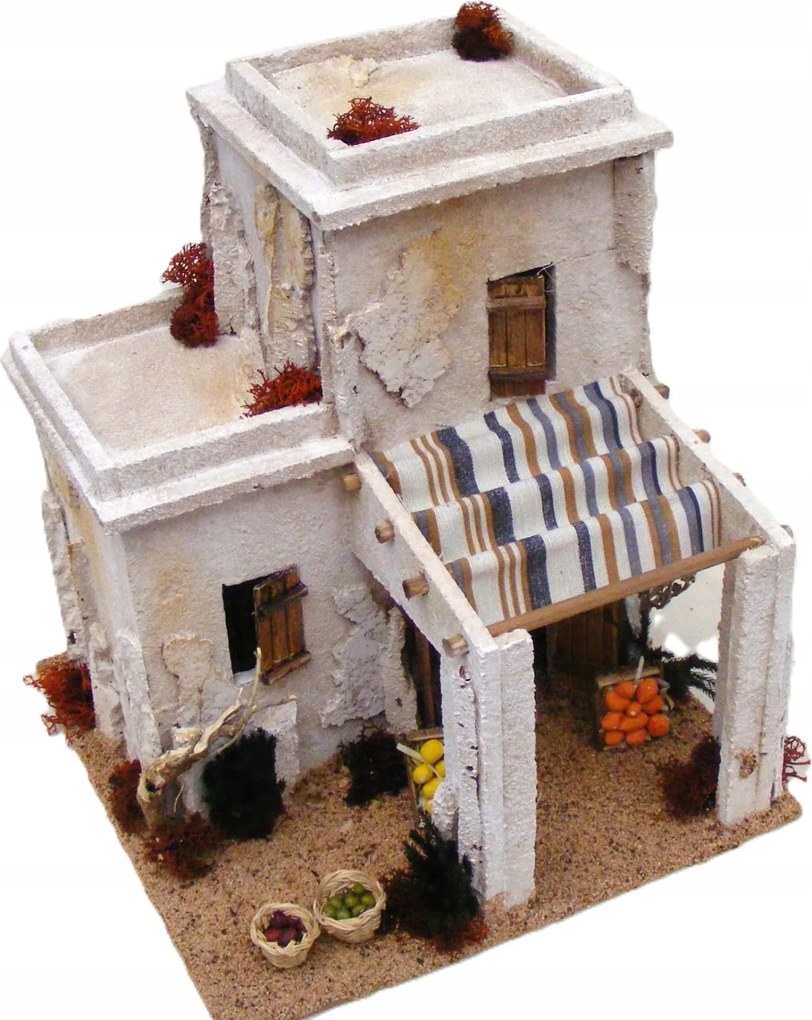 Keleti házikó napellenzővel és gyümölcsökkel Betlehem dekoráció 26cm magas