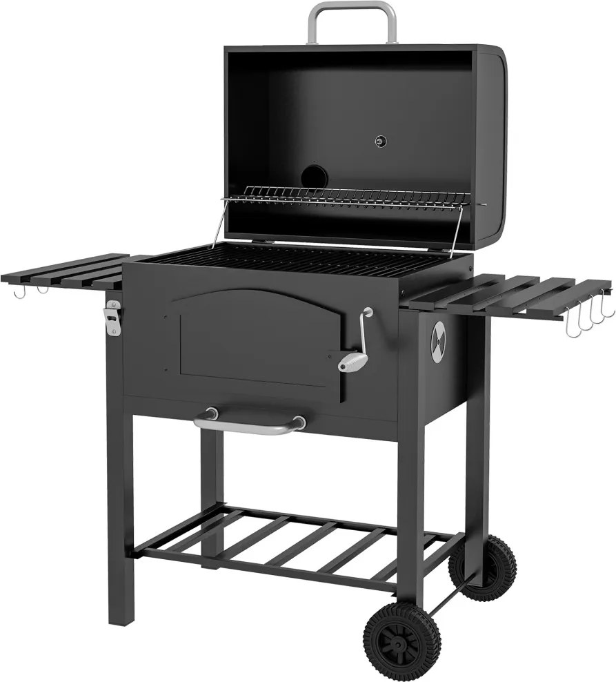 Outsunny Faszenes BBQ grillsütő, állítható faszéntároló rekesz, oldalsó polcok, fekete