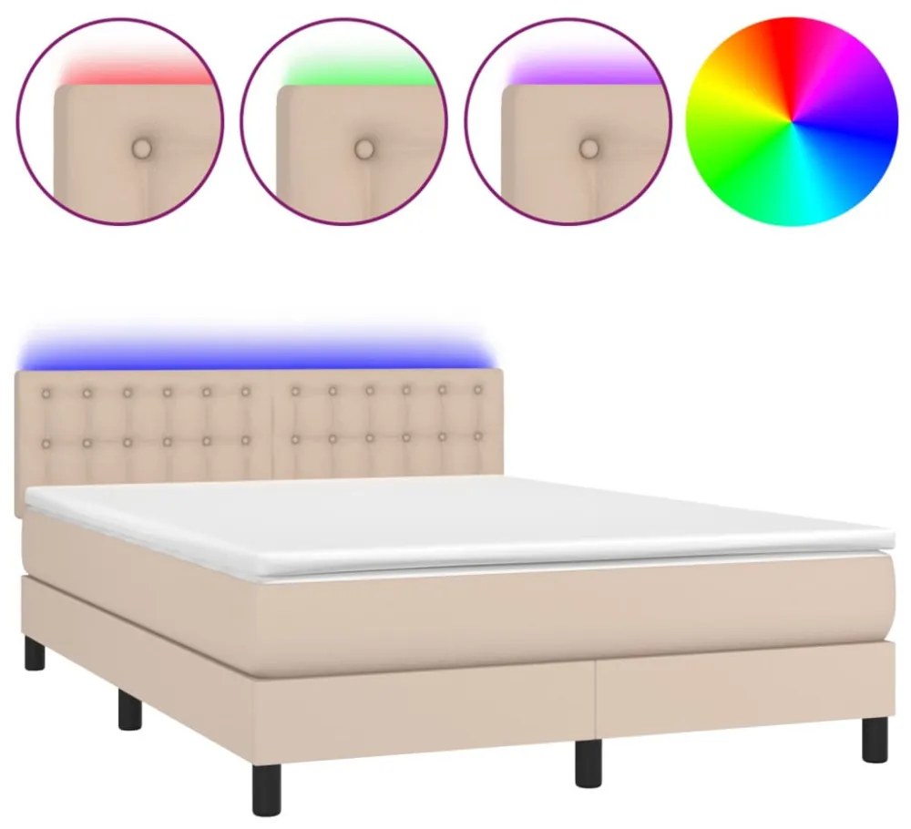cappuccino színű műbőr rugós ágy matraccal és LED-del 140x190cm