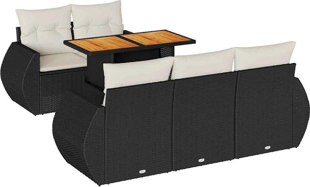 vidaXL 6 részes fekete polyrattan kerti ülőgarnitúra párnákkal