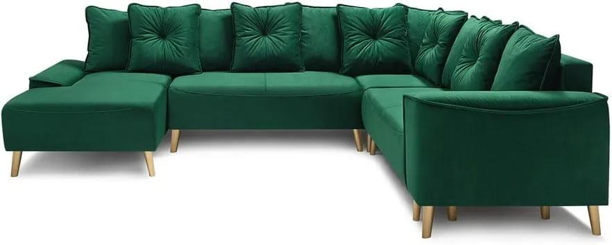 Panoramique XXL Hera zöld bársony kinyitható U alakú kanapé arany lábakkal, bal sarok - Bobochic Paris