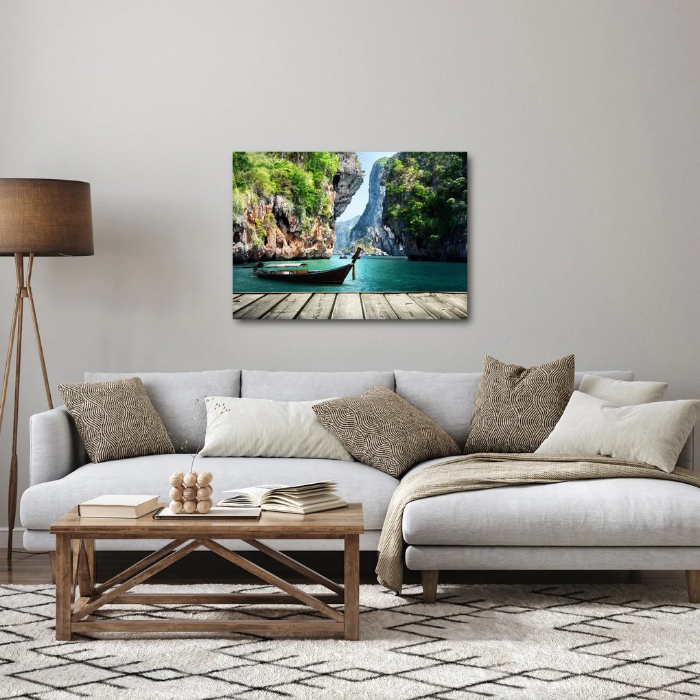 Kép - Víz mediterrán táj csónakkal (70x50 cm)