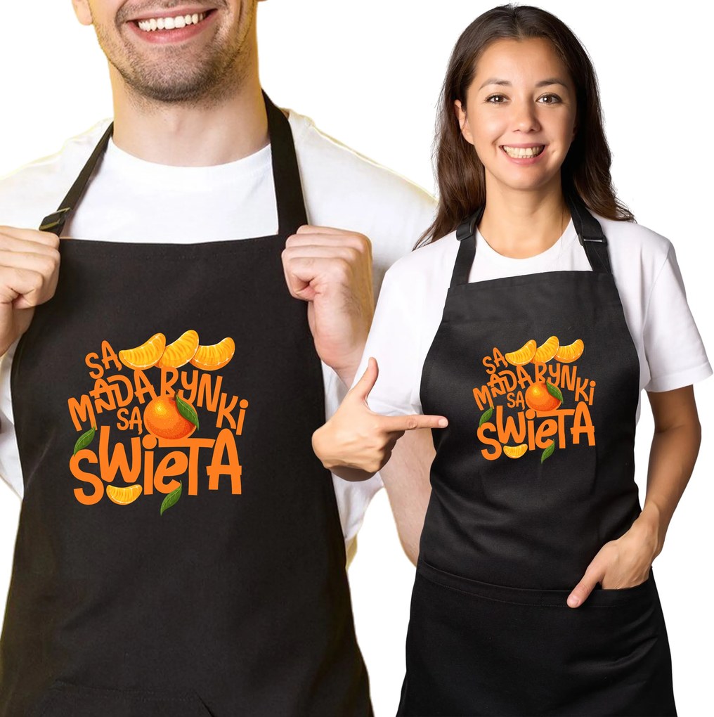 Konyhai kötény nyomott mintával karácsonyi ajándékhoz "Vannak mandarinok, vannak karácsonyok"