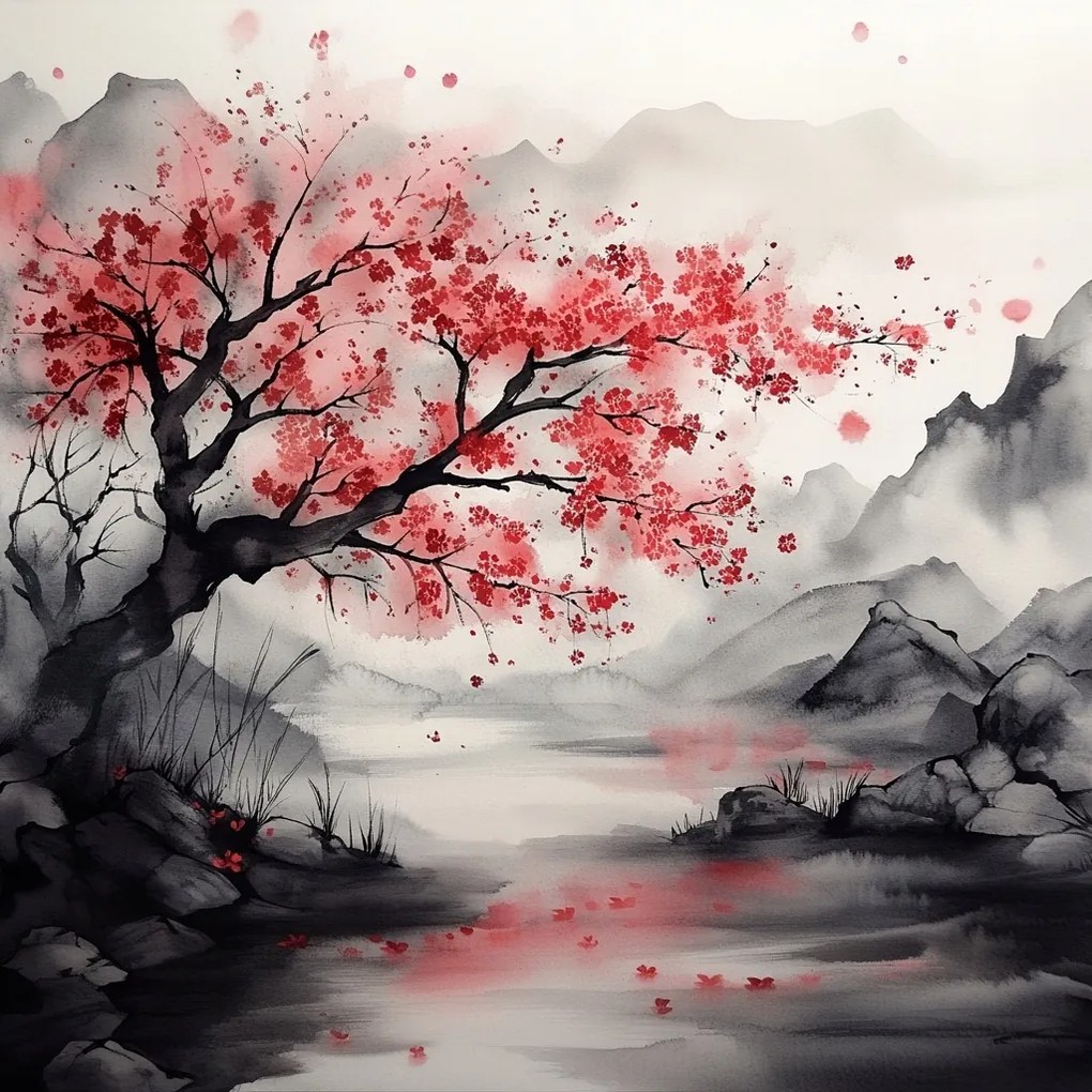 Canvas Vászonkép Ázsia Hegyek Tó Cseresznyefa Sakura Zen 40x40