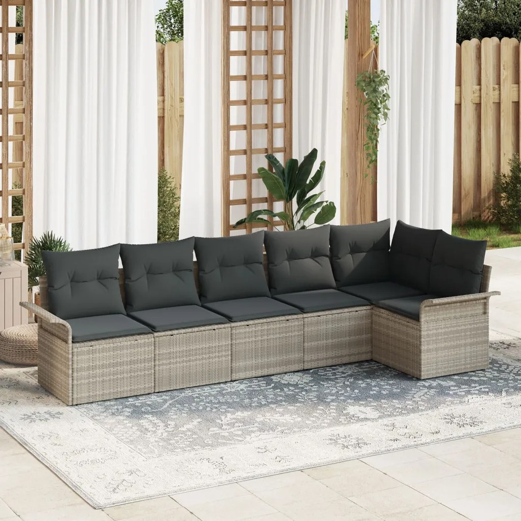 6 darabos kerti kanapé szett párnákkal világosszürke poli-rattan, 2 személyes kerti kanapé tárolóval és párnákkal világosszürke poli-rattan
