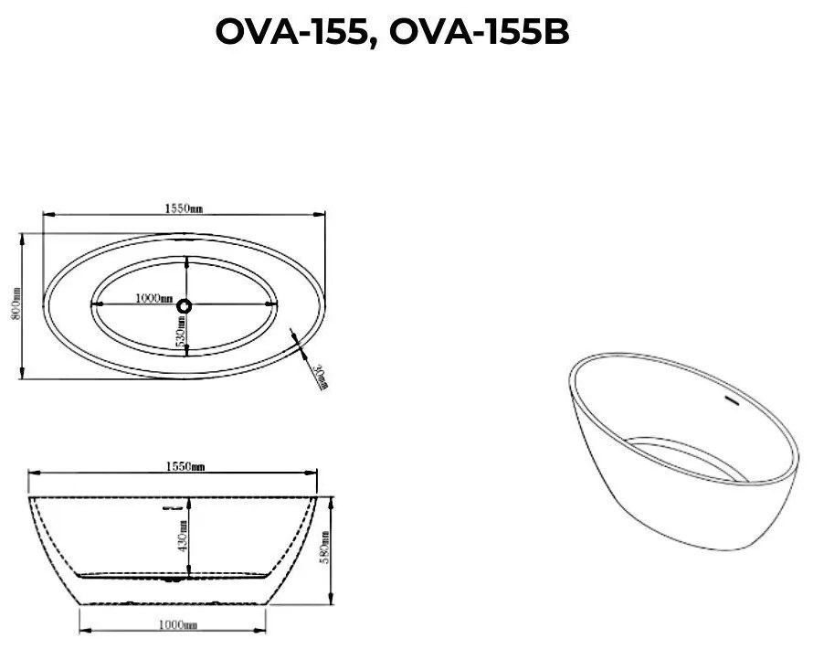 OVAL szabadon álló fürdőkád, fekete-fehér, 155x80x58 cm