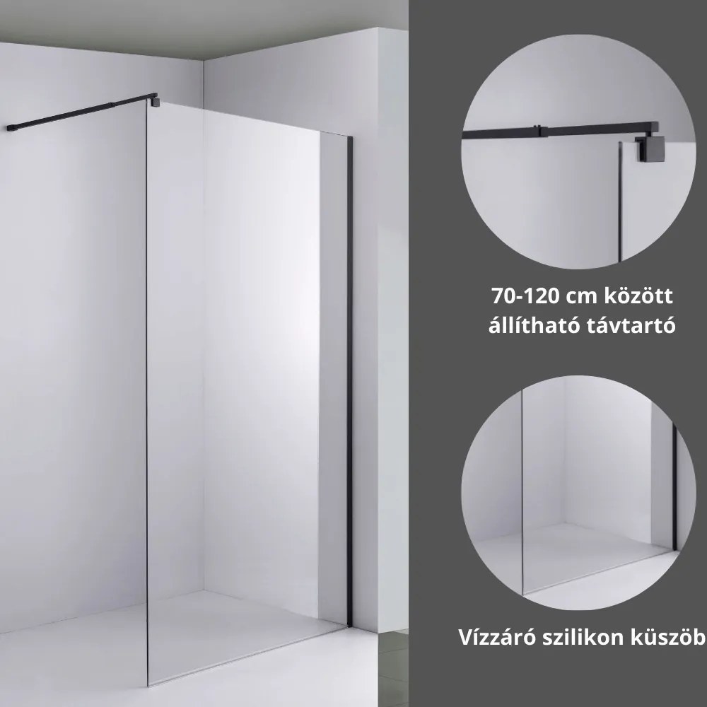 Stuxi Milano Black Walk-in zuhanyfal, 100x200 cm, 8 mm vastag vízlepergető biztonsági üveggel, fekete profillal és távtartóval