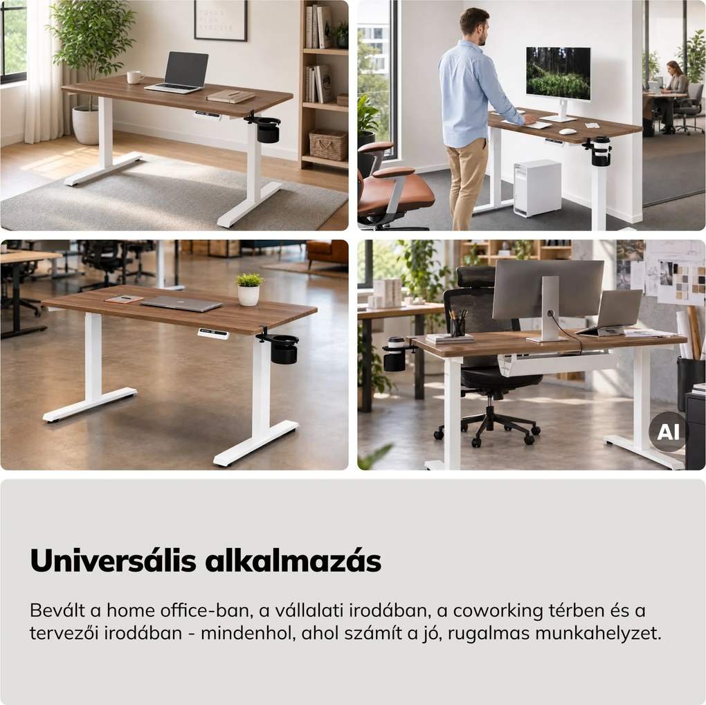 Elektromos, állítható magasságú, ergonomikus, fehér/dió íróasztal,1200x600 mm: ARIA