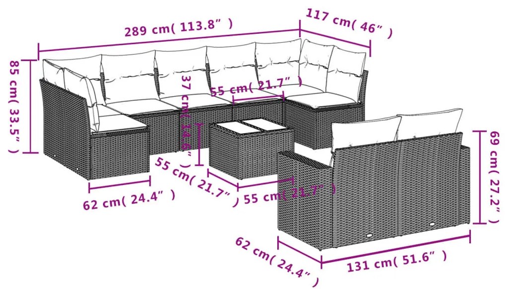 10 részes fekete polyrattan kerti ülőgarnitúra párnával