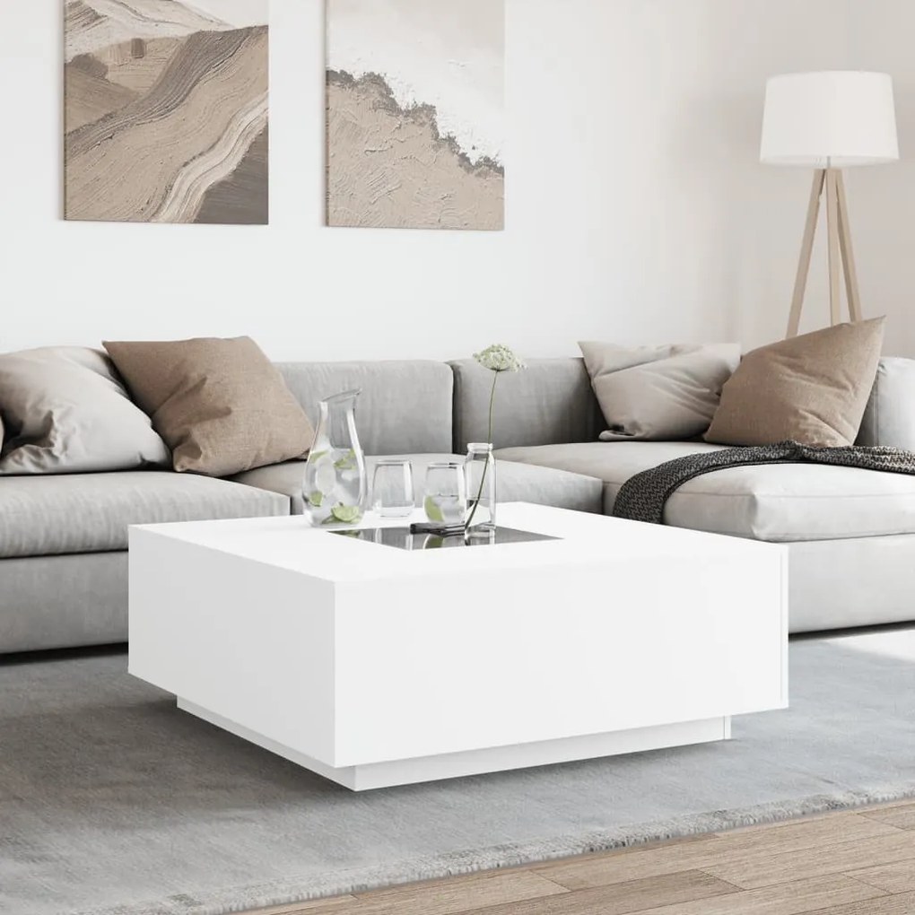 Fehér végtelen hatású LED-es dohányzóasztal 100 x 100 x 40 cm