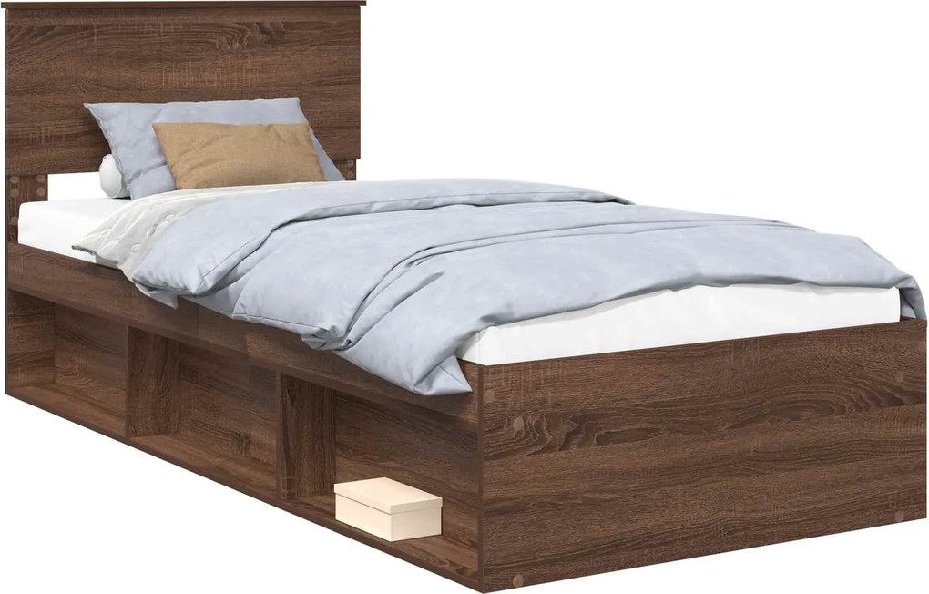 vidaXL Ágykeret fejtámlával Barna Tölgy 90 x 200 cm Tömör fenyőfa