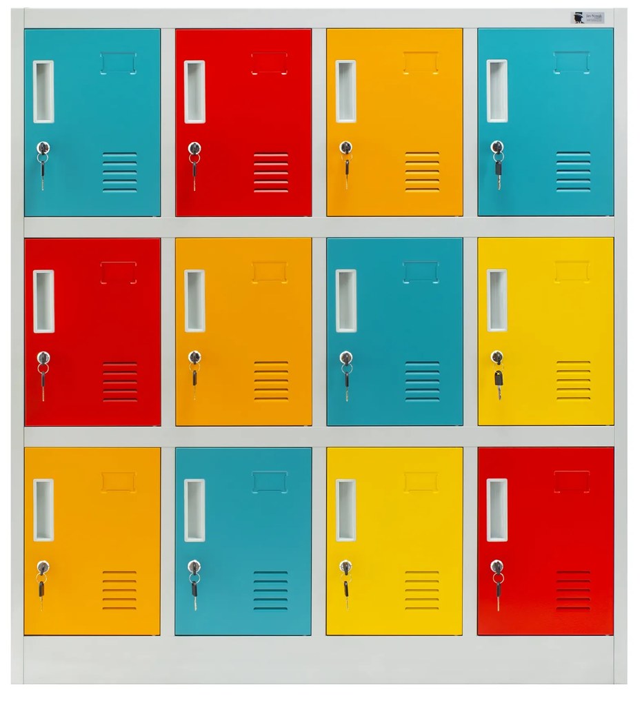 Fém öltözőszekrény, 12 rekeszes OLA, 1090 x 1200 x 450 mm, szürke-többszínű