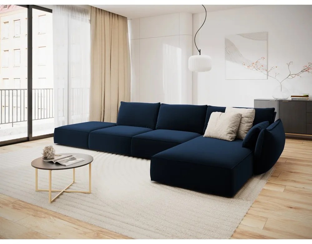 Sötétkék bársony sarokkanapé (jobb oldali-heverő résszel) Vanda – Mazzini Sofas