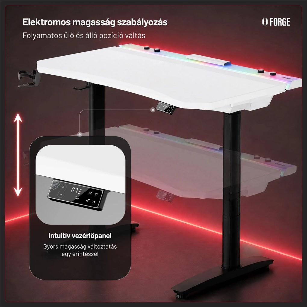 Elektromos RGB gamingasztal tartókkal, fehér-fekete, 140 cm: Diablo X-Forge 1400
