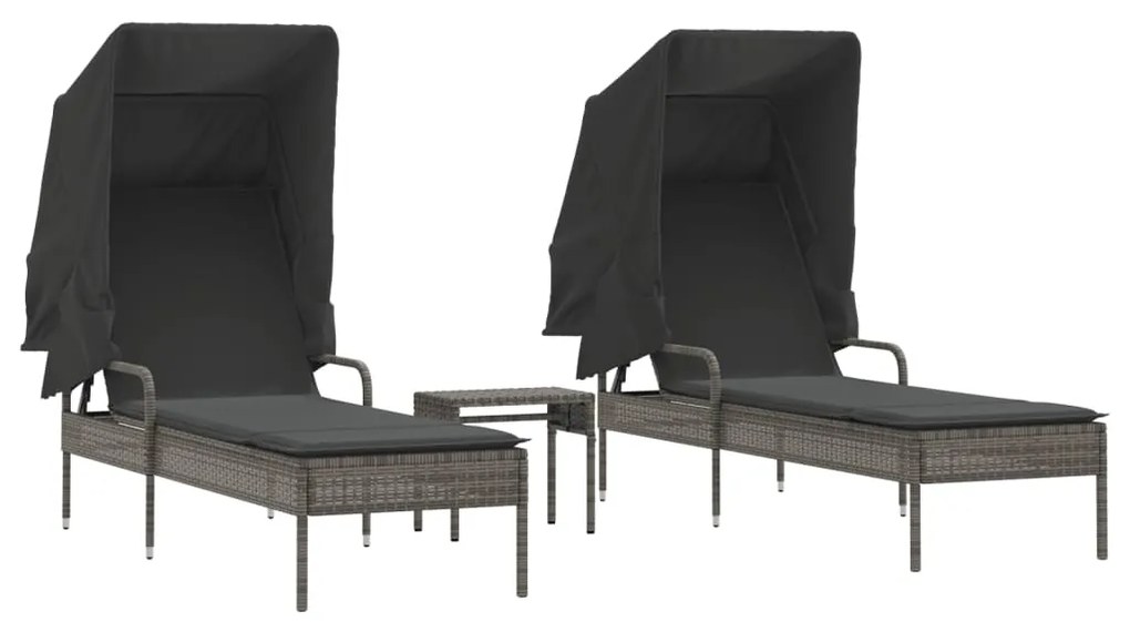 vidaXL 2 db szürke polyrattan napozóágy tetővel és asztallal