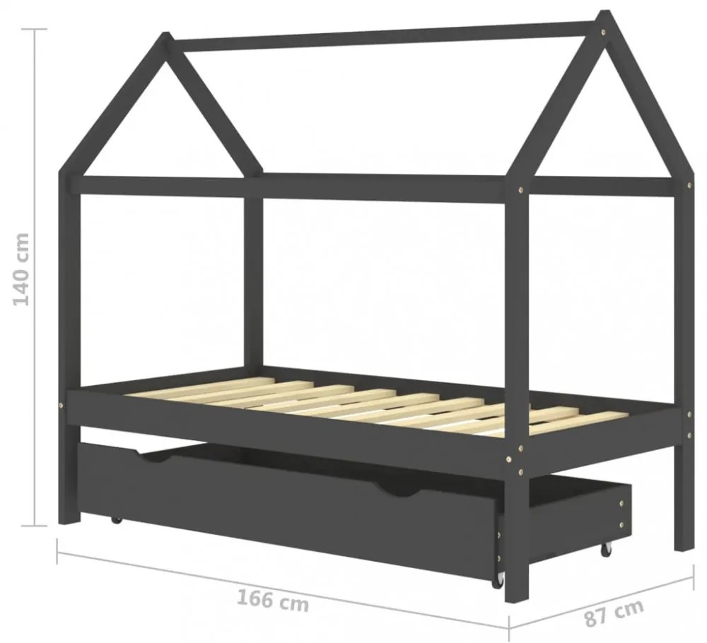 sötétszürke tömör fenyőfa gyerekágykeret fiókkal 80 x 160 cm