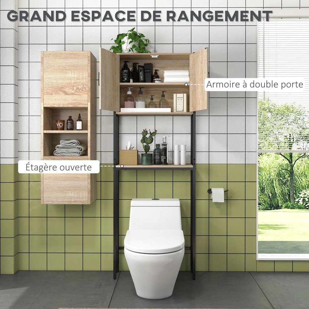 kleankin WC Polc Fürdőszoba Szekrény Toalett Fölött 2 Ajtós Szekrénnyel és Nyitott Polccal 64L x 19W x 178H cm Tölgy és Fekete | Aosom