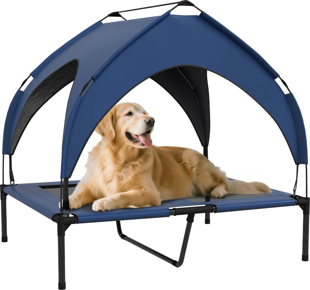 PawHut Emelt Kutyaágy Napernyővel, Kültéri Kutyakényelmes Ágy, Lélegző, Nagy Kutyák Számára, Sötét Kék Oxford 91 x 76 x 89 cm | Aosom