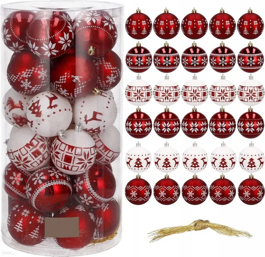 Karácsonyfa gömbök piros-fehér 30 db-os karácsonyi törhetetlen dísz szett