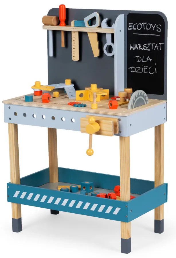 Fa barkács asztal szerszámokkal krétatáblával 47 darab