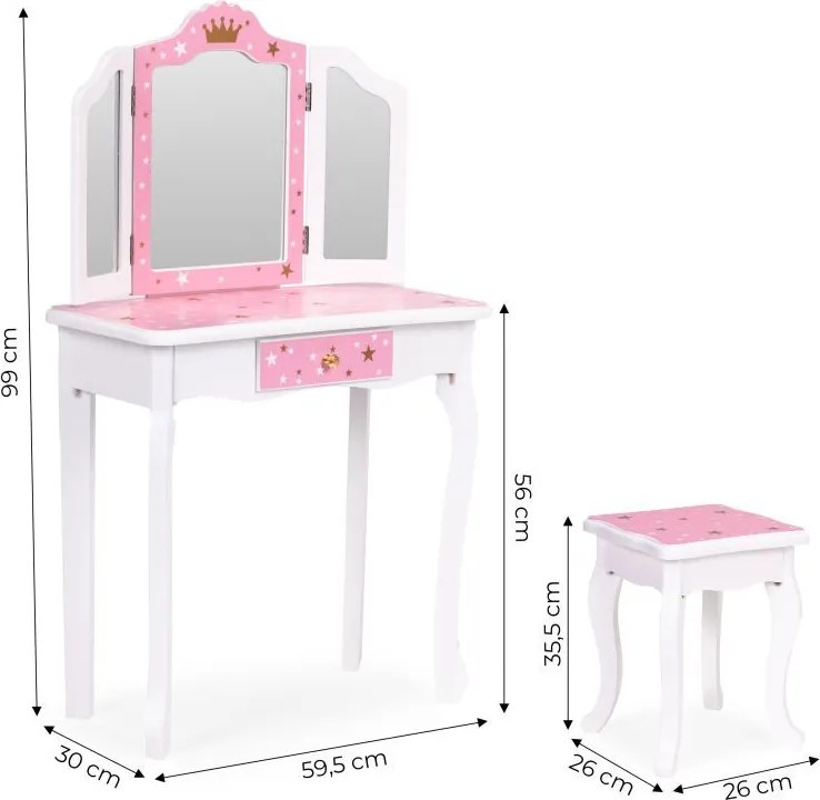Gyermek kozmetikai asztal hármas tükörrel és zsámollyal