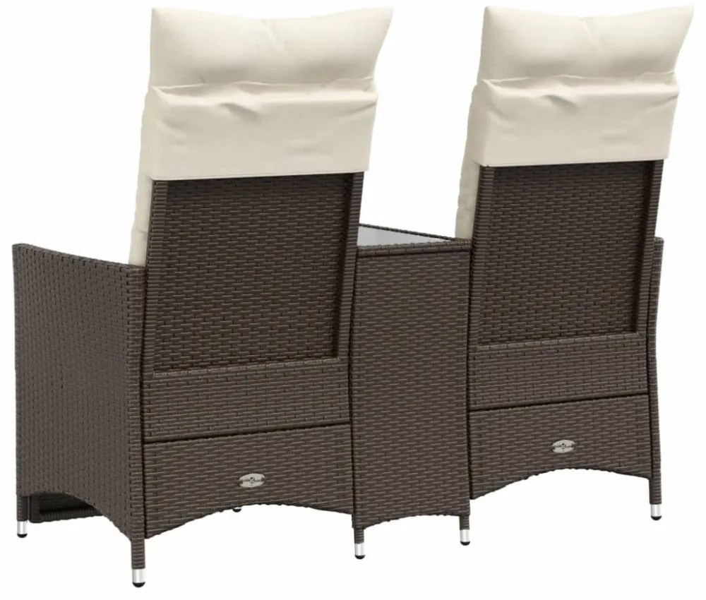 2 személyes barna polyrattan dönthető kerti kanapé asztallal