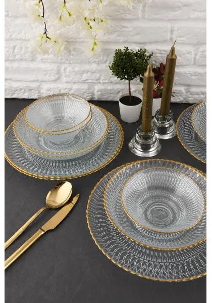12 darabos étkészlet – átlátszó üveg, arany részletekkel