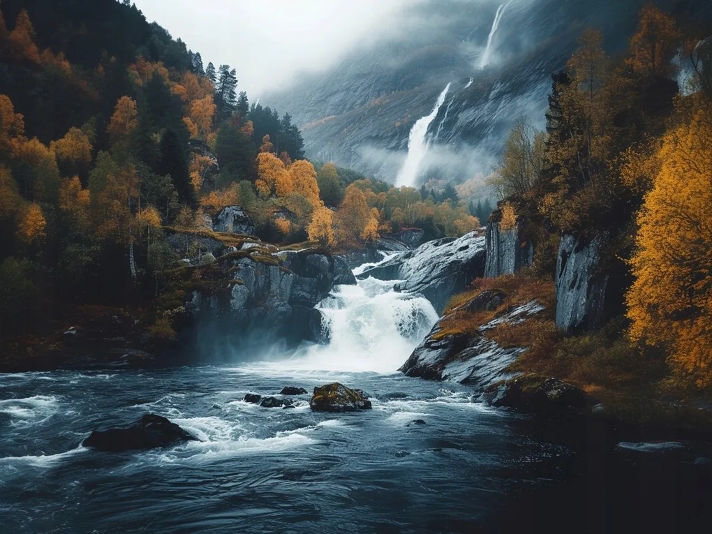 Vászonkép Canvas Tájkép Ősz Erdő Hegyek Sziklák Vízesés Folyó 100x75