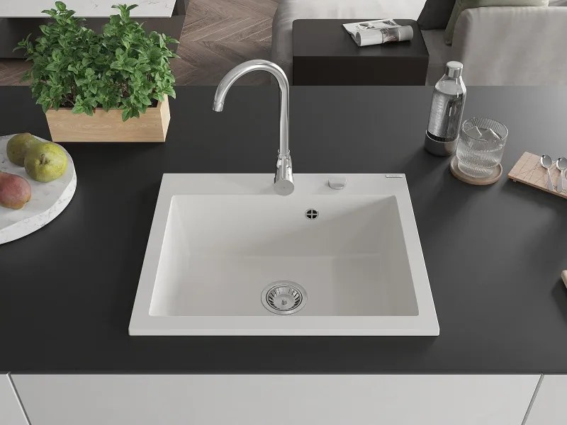 Mexen Elix 1-medencés gránit mosogató 600 x 500 mm, fehér, króm szifon - 6525601005-20