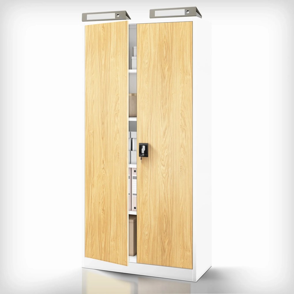 Magas fém irodai iratszekrény, fehér/arany tölgy, 900x1950x400 mm: JAN H Eco Design