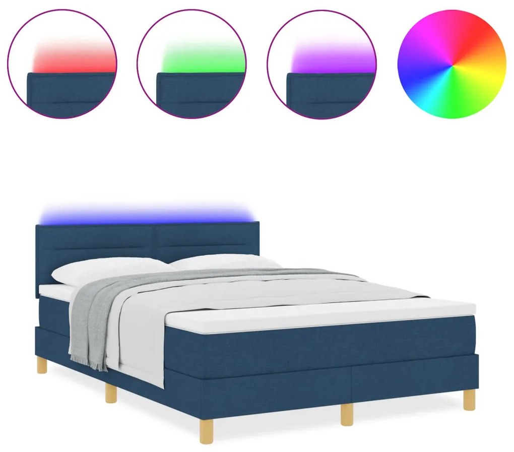 Box Spring Ágy Mattal & LED Kék 140x190 cm Szövet