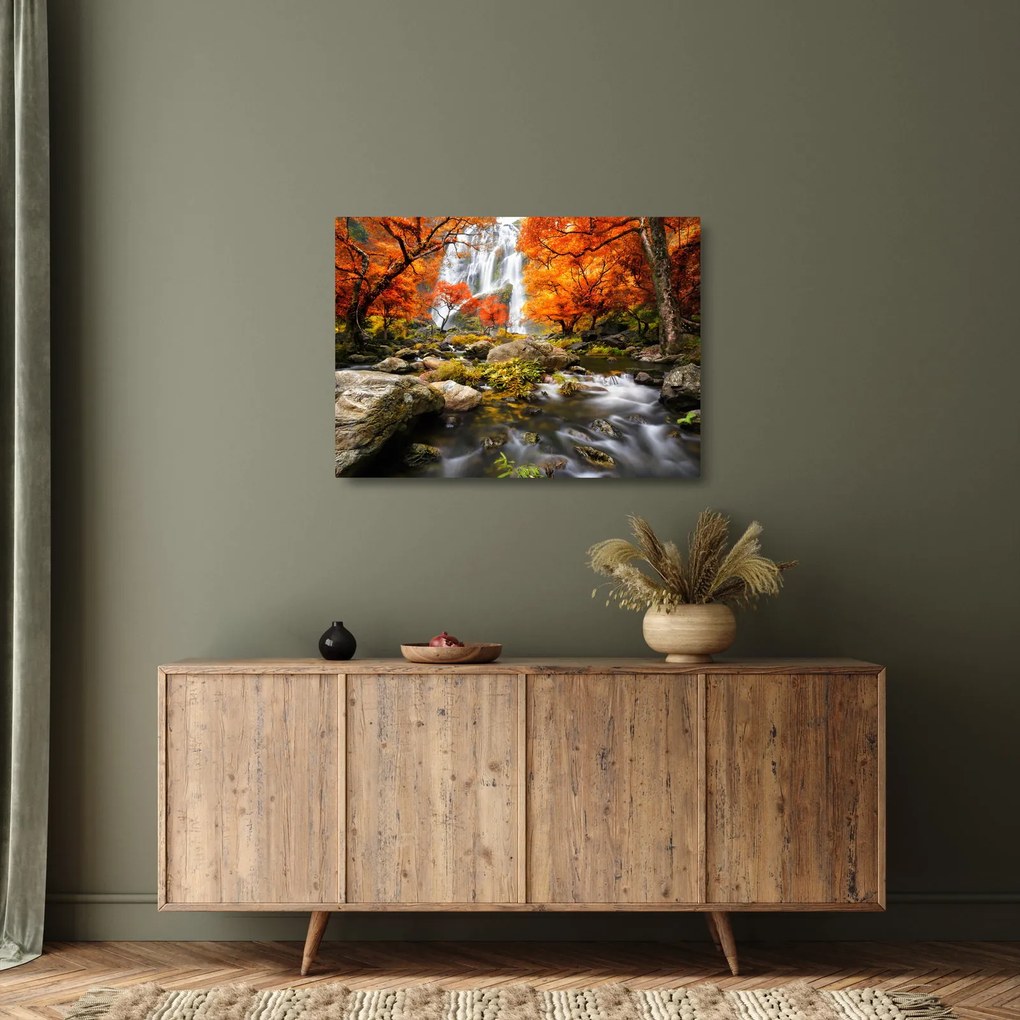 Üveg kép - Vízesések őszi tájban, narancssárga (70x50 cm)