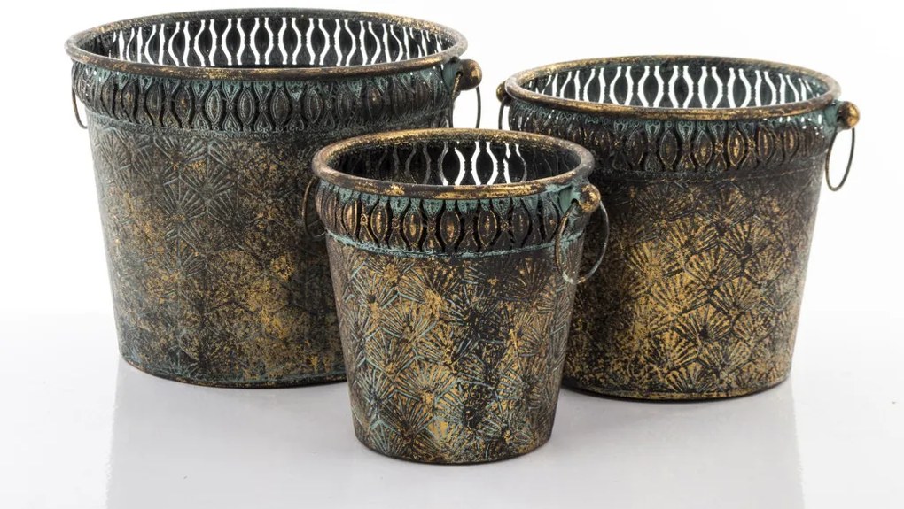 Kaspó 3 db-os szett, sötét arany fém, patinás 22x30.5x27.5 20x25x22 18x20x17cm