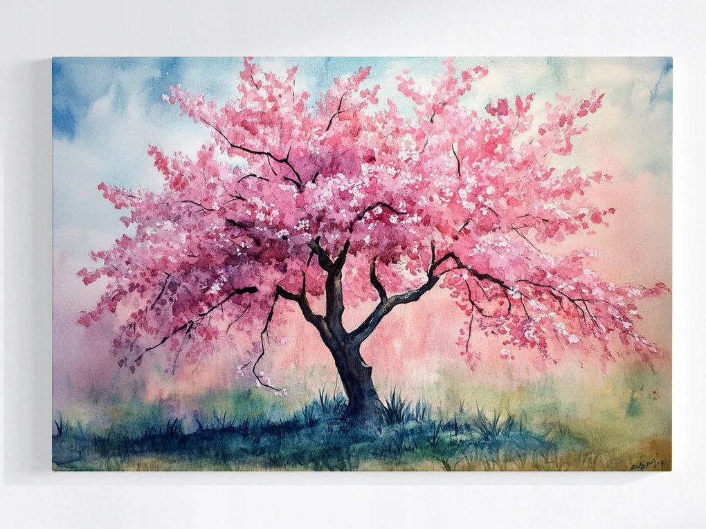 Vászonkép Canvas Akvarell Természet Rózsaszín Fa Virágok Tavasz 120x80
